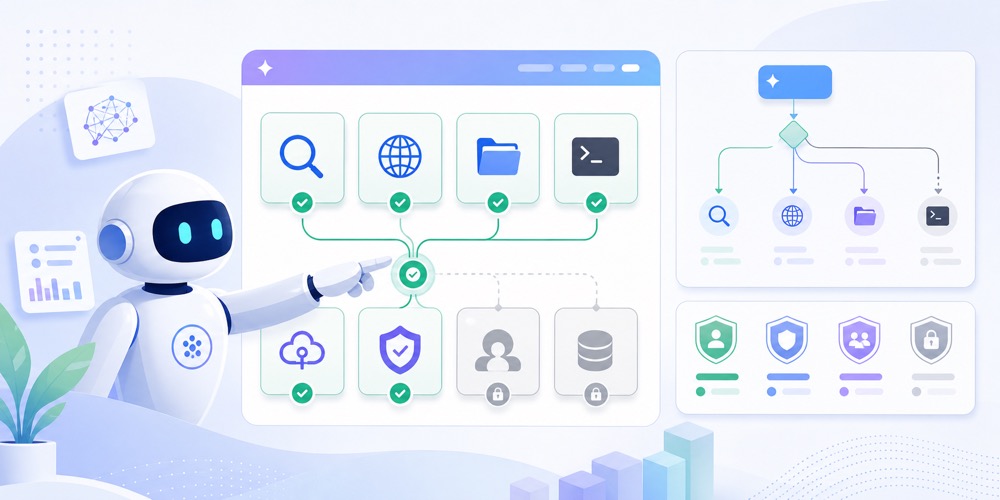AI agent uchun kerakli tool lar tanlanib, riskli tool lar lock bilan ajratilganini ko‘rsatuvchi yorug‘ editorial hero image