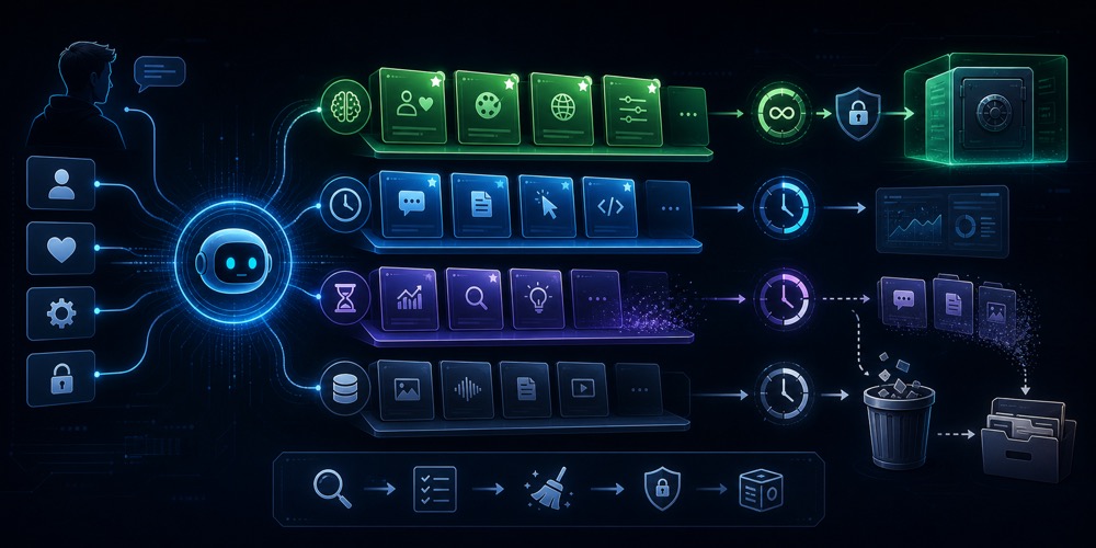 AI agent xotirasida saqlanadigan, eskiradigan va unutiladigan signal qatlamlarini ko‘rsatuvchi qorong‘i neon hero image