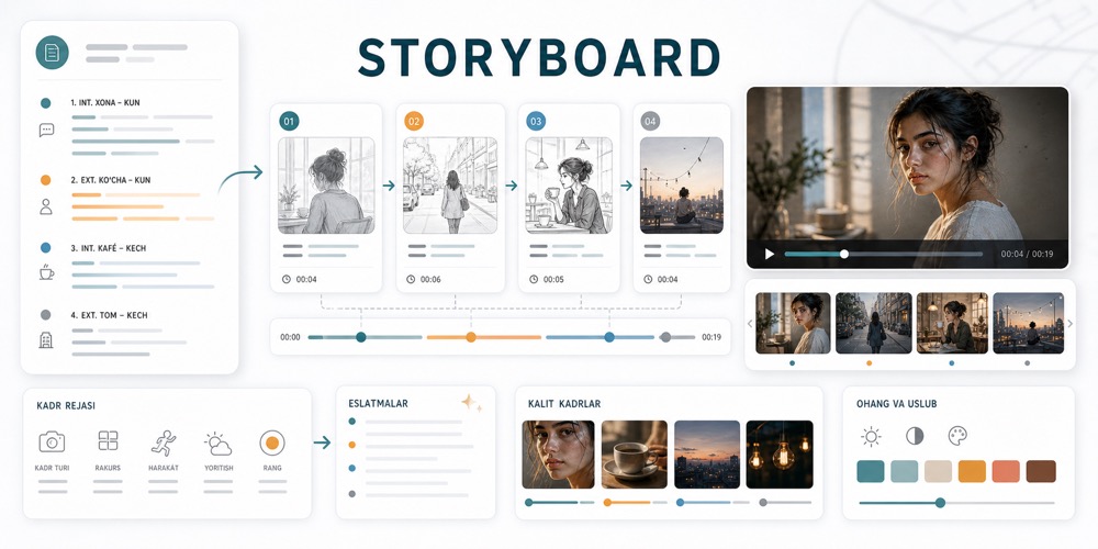 AI video storyboard yozish uchun shot kartalari, timeline, reference kadrlar va video preview panellarini ko‘rsatuvchi yorug‘ editorial hero image