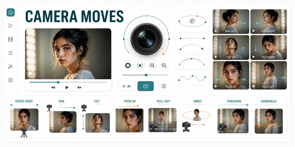 AI video kamera harakatlari uchun pan, tilt, push-in, pull-out, orbit, tracking va handheld preview kartalarini ko‘rsatuvchi yorug‘ editorial hero image
