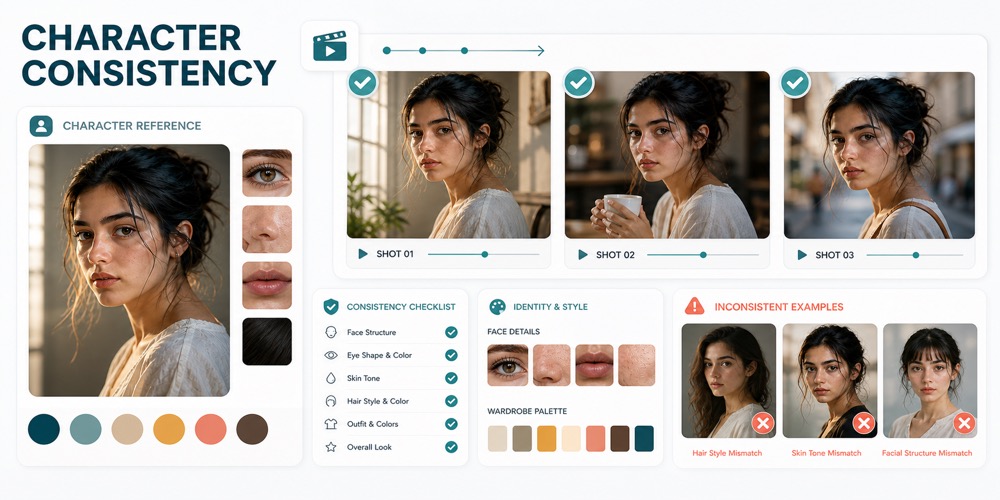 AI videoda character consistency uchun reference portrait, shot preview, yuz detali, wardrobe palette va mismatch diagnostics panellarini ko‘rsatuvchi yorug‘ editorial hero image