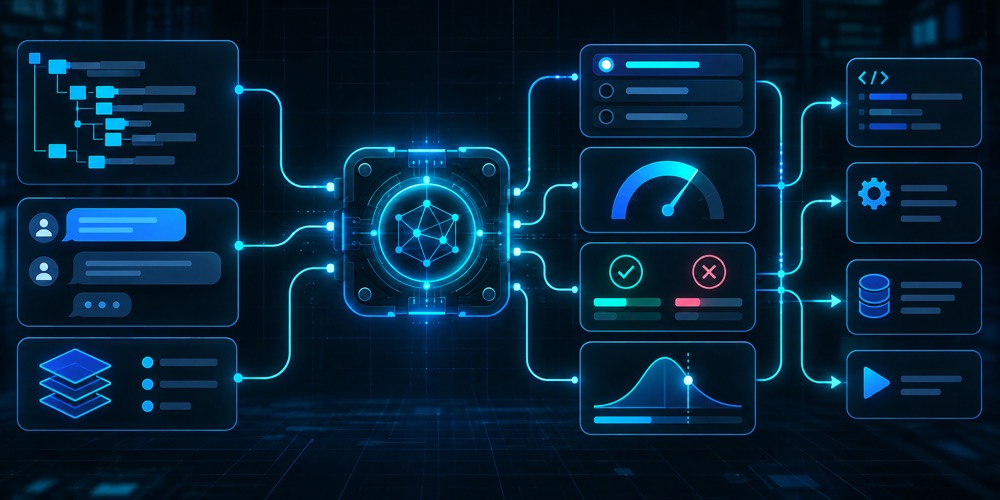 Jev System One decision modeli uchun software state, typed savollar, choice, score, noul, confidence gate va kod harakatlariga branching oqimini ko‘rsatuvchi qorong‘i neon diagram hero image