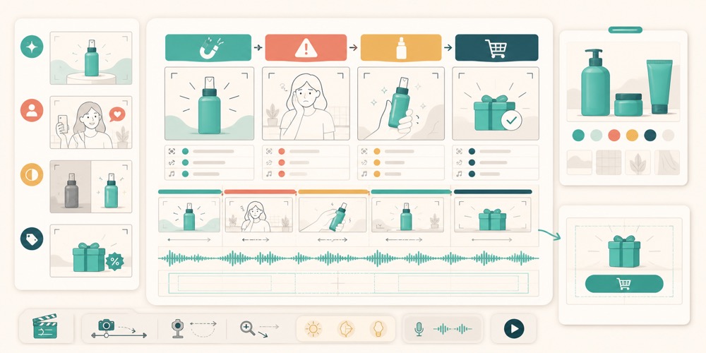 AI reklama storyboard shablonlari uchun hook, problem, product demo, CTA, audio waveform, camera movement va product reference panellarini ko‘rsatuvchi yorug‘ editorial hero image