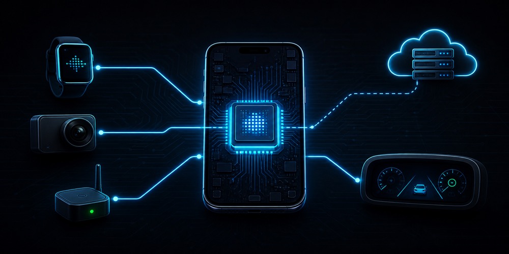 Telefon va kichik qurilmalar ichida ishlaydigan mini AI modellar uchun smartphone, AI chip, aqlli soat, kamera, IoT qurilma, avtomobil paneli va cloud fallback ulanishlarini ko‘rsatuvchi qorong‘i neon diagram hero image